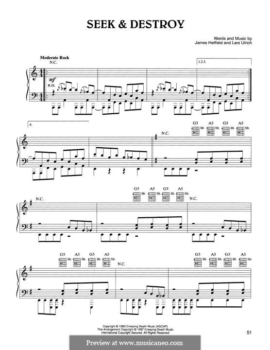 Seek and Destroy (Metallica): For voice and piano (or guitar) by James Hetfield, Lars Ulrich