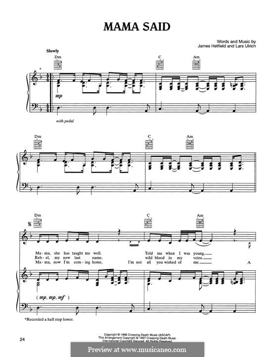 Mama Said (Metallica): For voice and piano (or guitar) by James Hetfield, Lars Ulrich