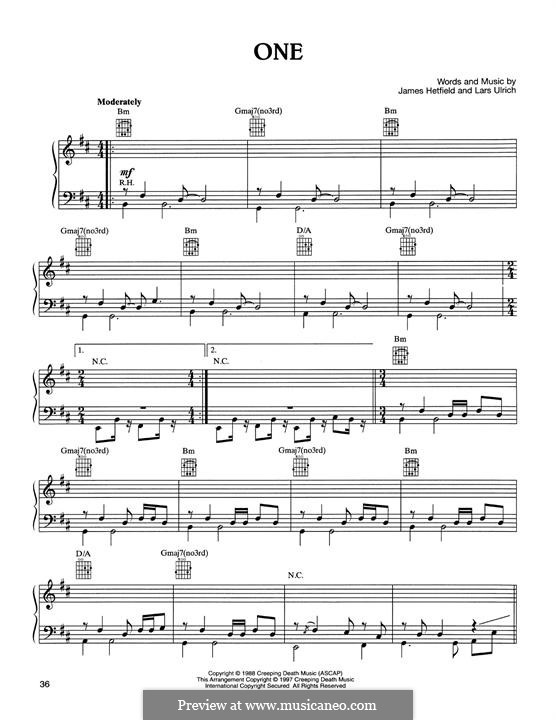 One (Metallica): For voice and piano (or guitar) by James Hetfield, Lars Ulrich