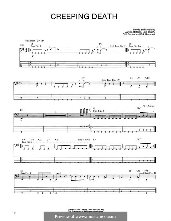 Creeping Death (Metallica): For bass guitar with tab by Cliff Burton, James Hetfield, Kirk Hammett, Lars Ulrich