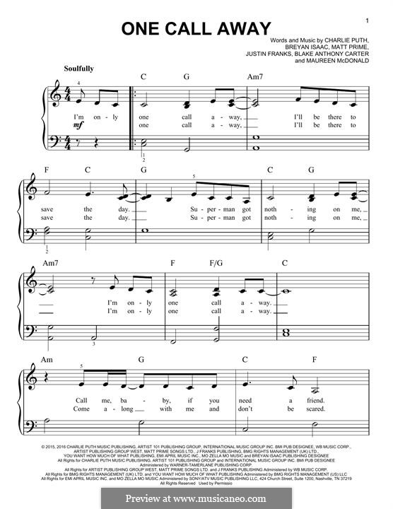 One Call Away: For piano by Justin Franks, Matthew Prime, Shy Carter, Breyan Isaac, Maureen McDonald, Charlie Puth