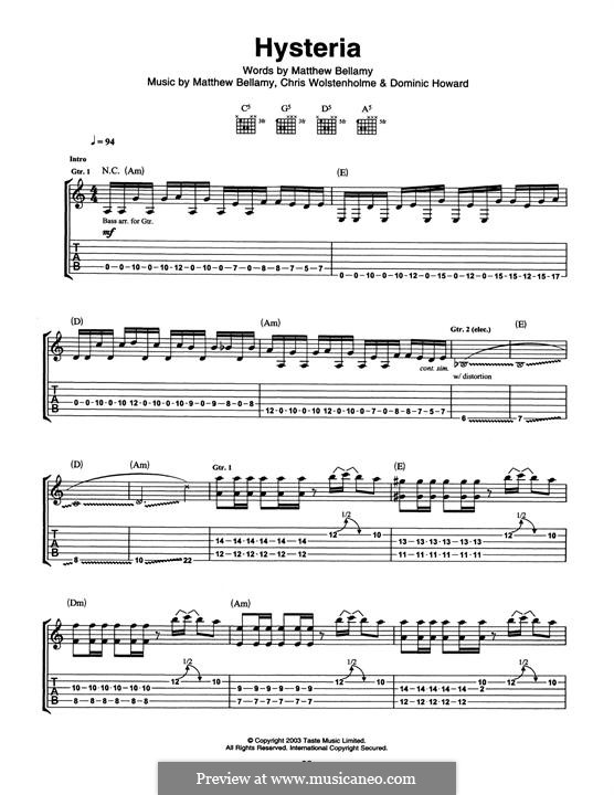Hysteria (Muse): For guitar with tab by Chris Wolstenholme, Dominic Howard, Matthew Bellamy