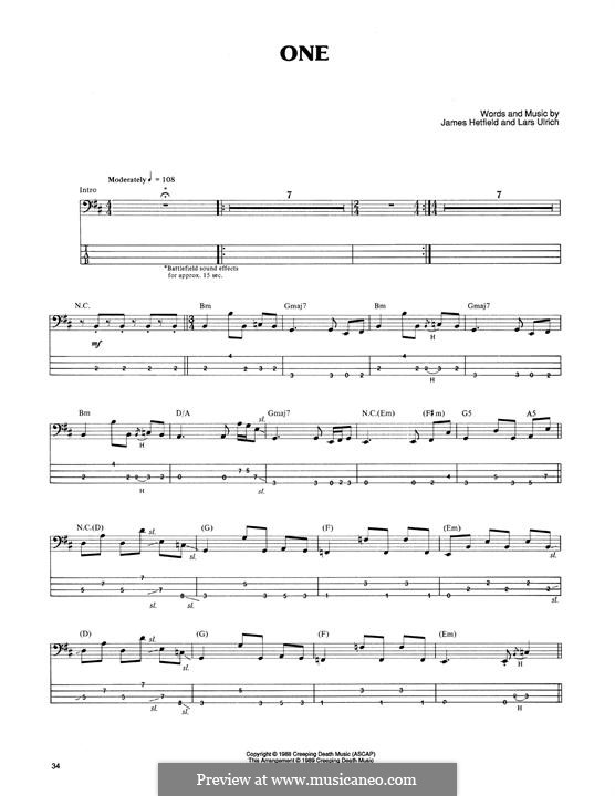 One (Metallica): For bass guitar with tab by James Hetfield, Lars Ulrich