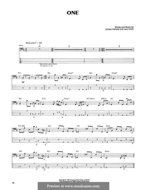 One (Metallica): For bass guitar with tab by James Hetfield, Lars Ulrich
