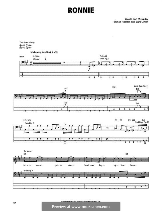 Ronnie (Metallica): For bass guitar with tab by James Hetfield, Lars Ulrich