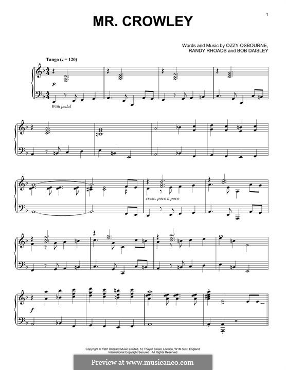 Mr. Crowley: For piano by Bob Daisley, Ozzy Osbourne, Randy Rhoads