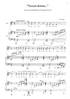 Turandot: Nessun dorma, for voice and piano by Giacomo Puccini