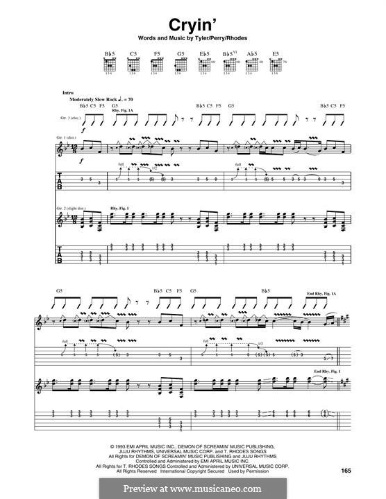 Cryin' (Aerosmith): For guitar with tab by Joe Perry, Steven Tyler, Taylor Rhodes