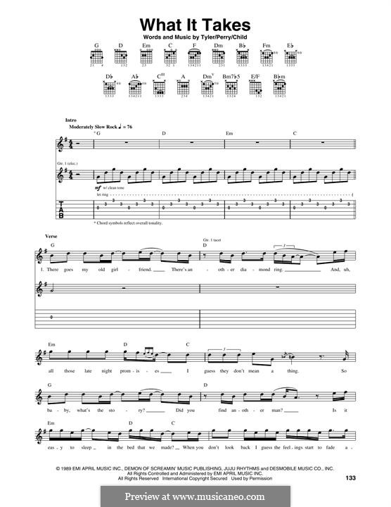 What It Takes (Aerosmith): For guitar with tab by Joe Perry, Steven Tyler