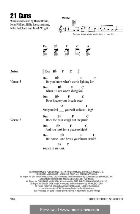 21 Guns (Green Day): For ukulele by Billie Joe Armstrong, David Bowie, Tré Cool, John Phillips, Michael Pritchard