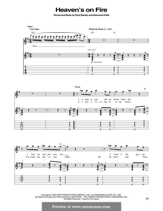 Heaven's on Fire (KISS): For guitar with tab by Desmond Child, Paul Stanley