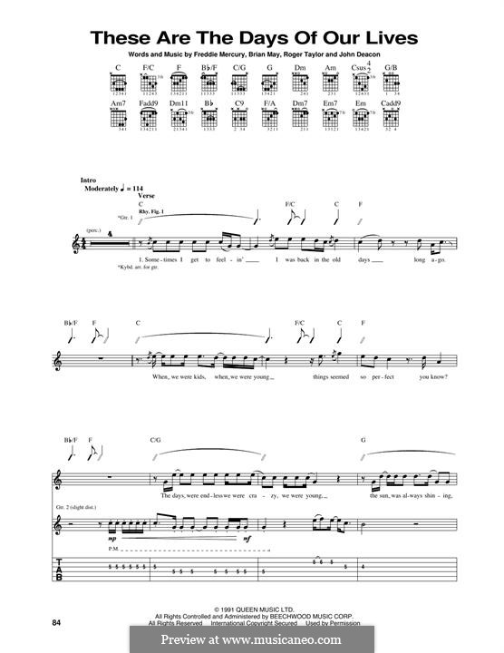 These are the Days of Our Lives (Queen): For guitar with tab by Brian May, Freddie Mercury, John Deacon, Roger Taylor