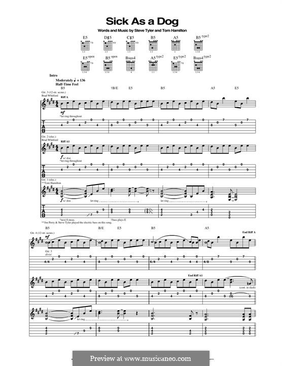 Sick as a Dog (Aerosmith): For guitar with tab by Steven Tyler, Tom Hamilton