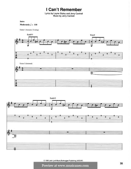 I Can't Remember (Alice in Chains): For guitar with tab by Jerry Cantrell