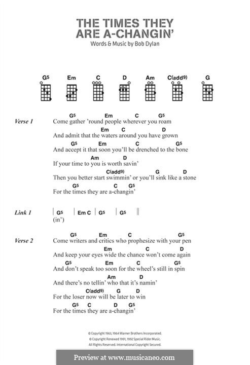 The Times They Are A-Changin': Lyrics and chords by Bob Dylan