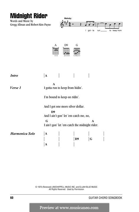 Midnight Rider (The Allman Brothers Band): Lyrics and chords by Gregg Allman, Robert Kim Payne