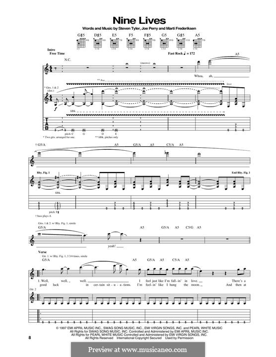 Nine Lives (Aerosmith): For guitar with tab by Joe Perry, Martin Frederiksen, Steven Tyler