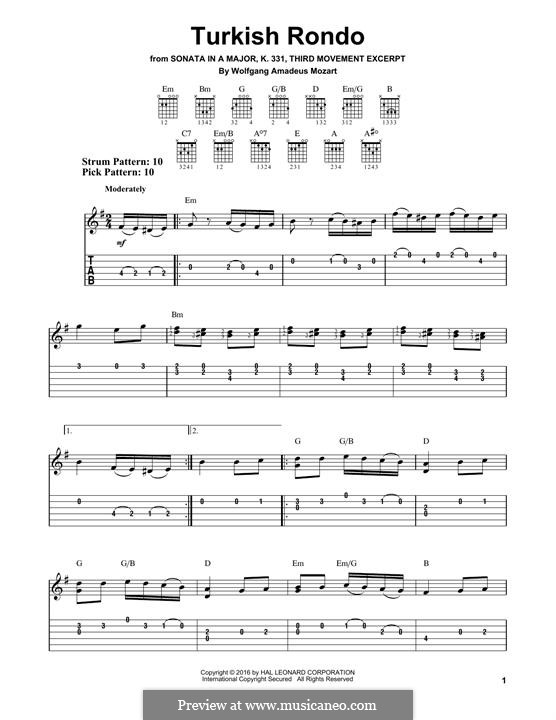 Rondo alla turca (Printable Scores): For guitar by Wolfgang Amadeus Mozart