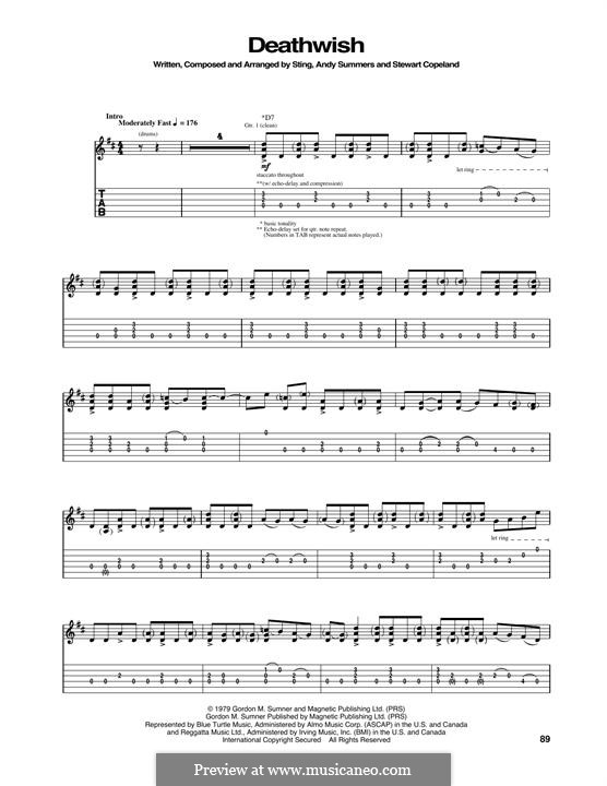 Deathwish (The Police): For guitar with tab by Sting, Andy Summers, Stewart Copeland