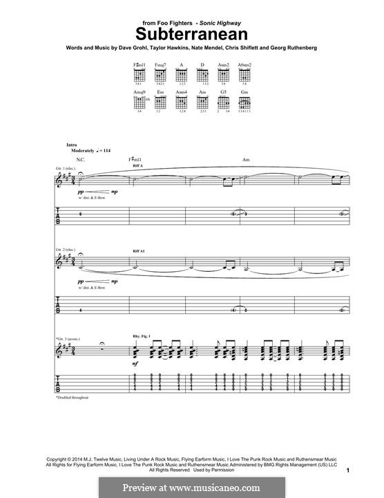 Subterranean (Foo Fighters): For guitar with tab by Christopher Shiflett, David Grohl, Nate Mendel, Pat Smear, Taylor Hawkins