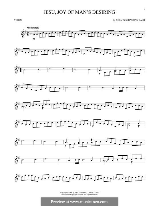 Jesu, Joy of Man's Desiring (Printable Scores): For violin by Johann Sebastian Bach