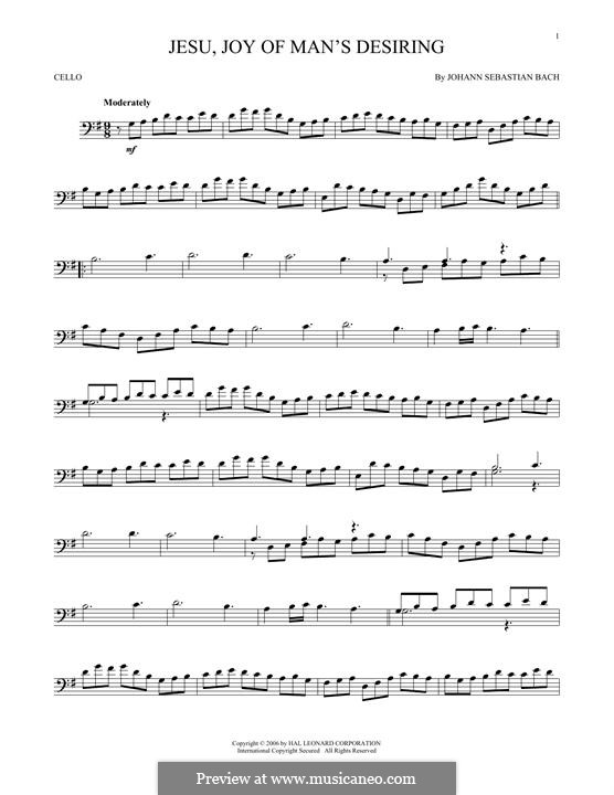 Jesu, Joy of Man's Desiring (Printable Scores): For cello by Johann Sebastian Bach