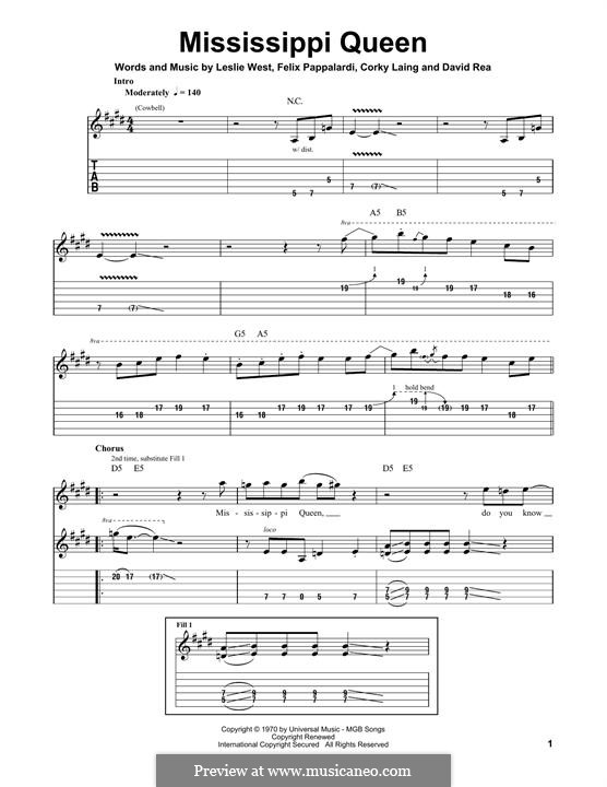Mississippi Queen (Mountain): For guitar with tab by Corky Laing, David Rea, Felix Pappalardi, Leslie West
