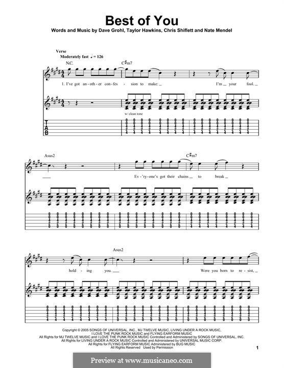 The Best of You (Foo Fighters): For guitar with tab by Christopher Shiflett, David Grohl, Nate Mendel, Taylor Hawkins