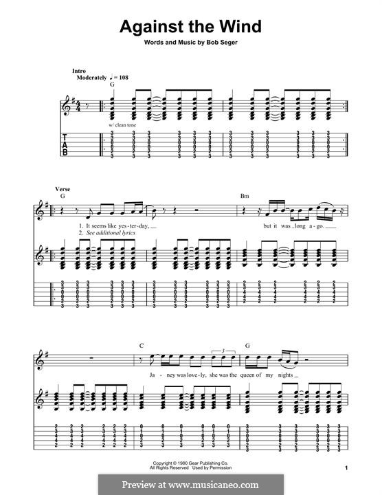 Against the Wind (Bob Seger and The Silver Bullet Band): For guitar with tab by Bob Seger