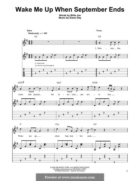 Wake Me Up When September Ends (Green Day): For guitar with tab by Billie Joe Armstrong, Tré Cool, Michael Pritchard