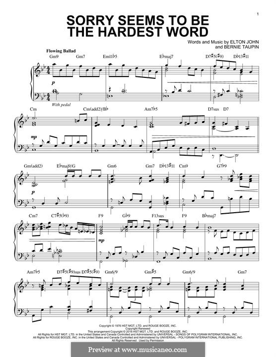 Sorry Seems to be the Hardest Word: For piano by Elton John