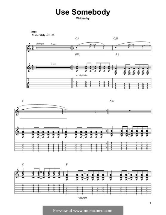 Use Somebody (Kings of Leon): For guitar with tab by Anthony Caleb Followill, Jared Followill, Matthew Followill, Nathan Followill
