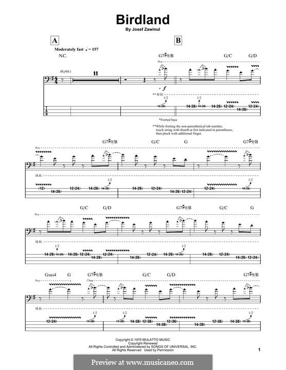 Birdland (Weather Report): For bass guitar with tab by Josef Zawinul