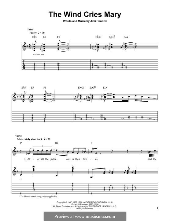 The Wind Cries Mary: For guitar with tab by Jimi Hendrix