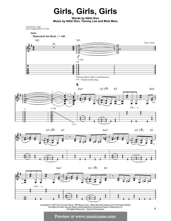 Girls, Girls, Girls (Motley Crue): For guitar with tab by Mick Mars, Nikki Sixx, Tommy Lee