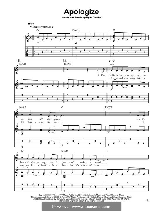 Apologize (OneRepublic): For guitar with tab by Ryan B Tedder