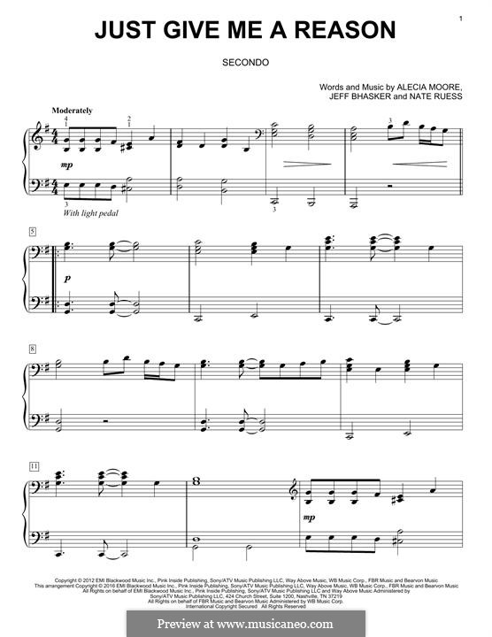 Just Give Me a Reason (Pink): For piano by Alecia Moore, Jeff Bhasker, Nathaniel Ruess