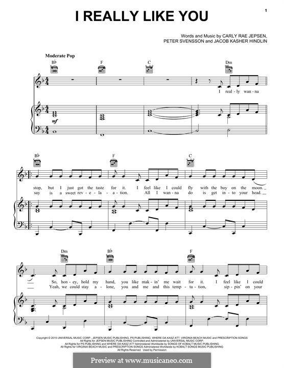 I Really Like You: For voice and piano (or guitar) by Jacob Kasher Hindlin, Peter Svensson, Carly Rae Jepsen