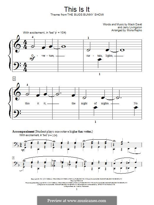 This Is It (The Bugs Bunny Show): For piano by Jerry Livingston, Mack David