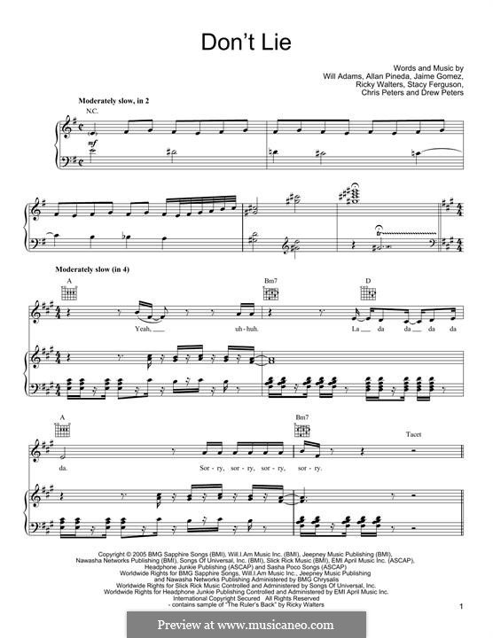 Don't Lie (The Black Eyed Peas): For voice and piano (or guitar) by apl.de.ap, Chris Peters, Drew Peters, Jaime Gomez, Ricky Walters, Stacy Ferguson, will.i.am
