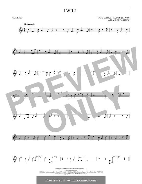 I Will (The Beatles): For clarinet by John Lennon, Paul McCartney