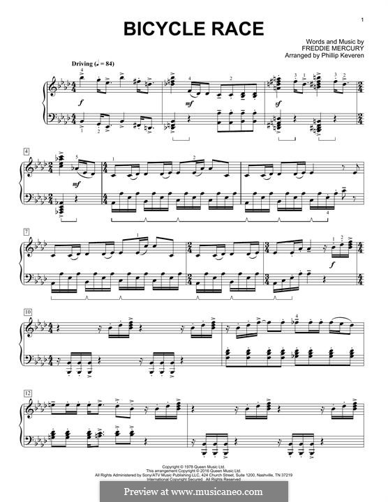 Bicycle Race (Queen): For piano by Freddie Mercury