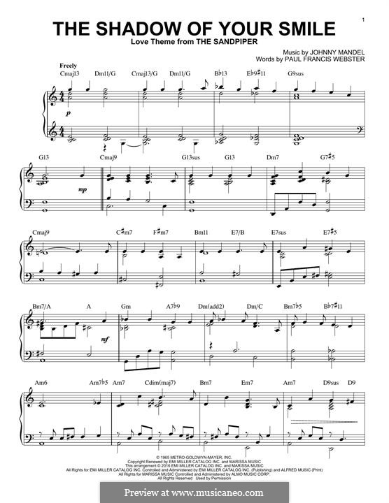 The Shadow of Your Smile (Tony Bennett): For piano by Johnny Mandel