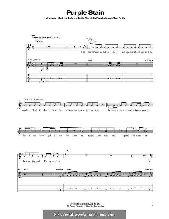 Purple Stain (Red Hot Chili Peppers): For guitar with tab by Flea, Anthony Kiedis, Chad Smith, John Frusciante