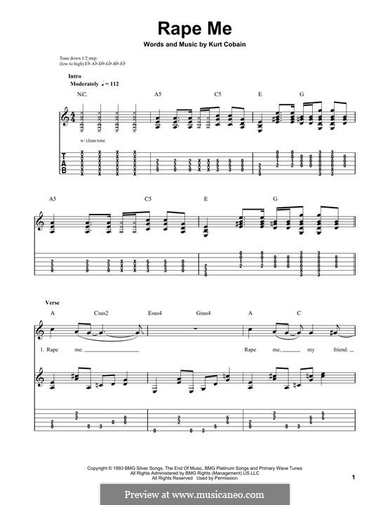 Rape Me (Nirvana): For guitar with tab by Kurt Cobain