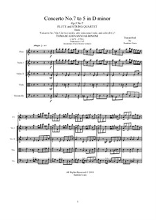 Twelve Concertos for Strings, Op.5: Concerto No.7 in D Minor. Version for flute and string quartet by Tomaso Albinoni