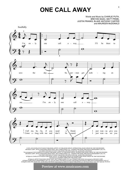One Call Away: For piano by Justin Franks, Matthew Prime, Shy Carter, Breyan Isaac, Maureen McDonald, Charlie Puth