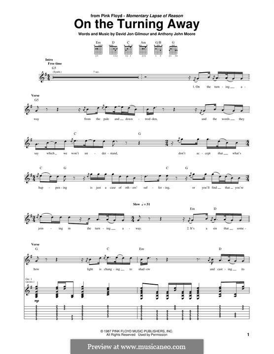 On the Turning Away (Pink Floyd): For guitar with tab by Anthony Moore, David Gilmour