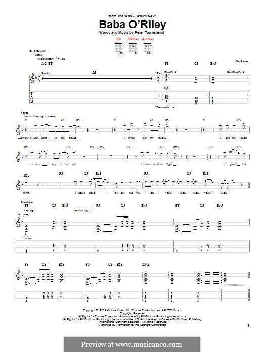 Baba O'Reilly (from Summer of Sam): For guitar with tab by Peter Townshend