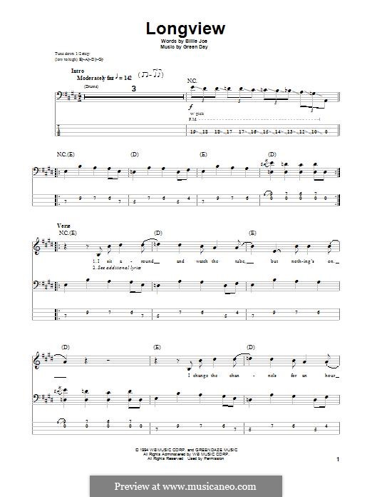 Longview (Green Day): For bass guitar with tab by Billie Joe Armstrong, Tré Cool, Michael Pritchard